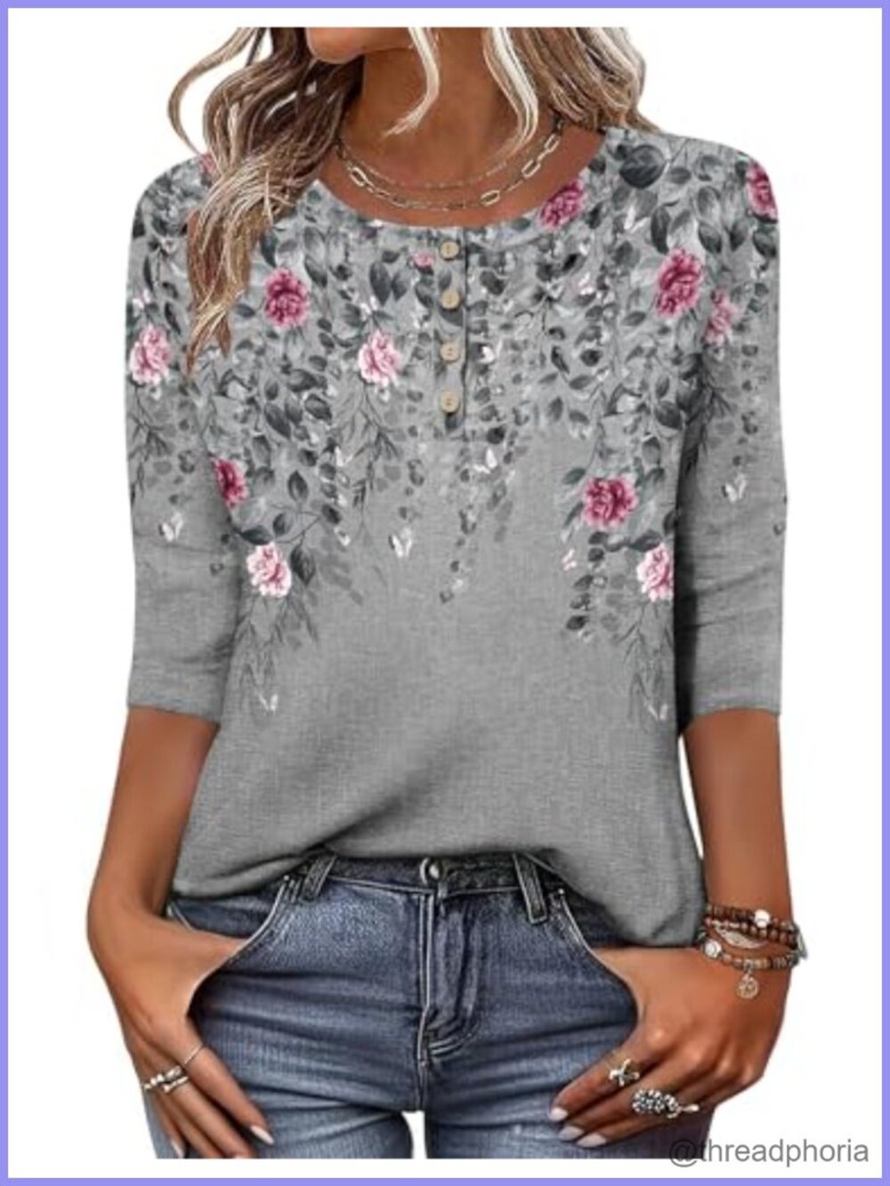 Women's 3/4 Sleeve Tunic Top Button Down Blouse Work Casual